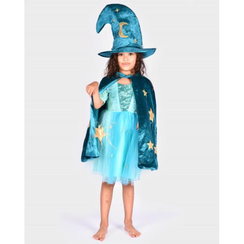 Cape de magicien en velour bleu/vert avec étoiles et chapeau