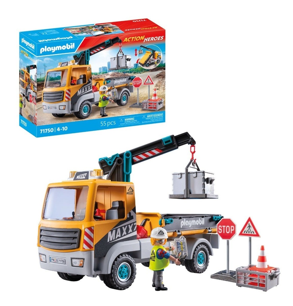 Camion de chantier avec grue et ouvrier