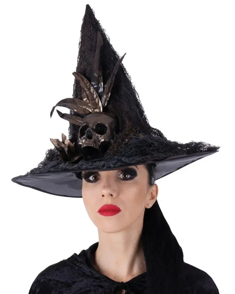 Chapeau de sorcière brun - Fleurs et crânes
