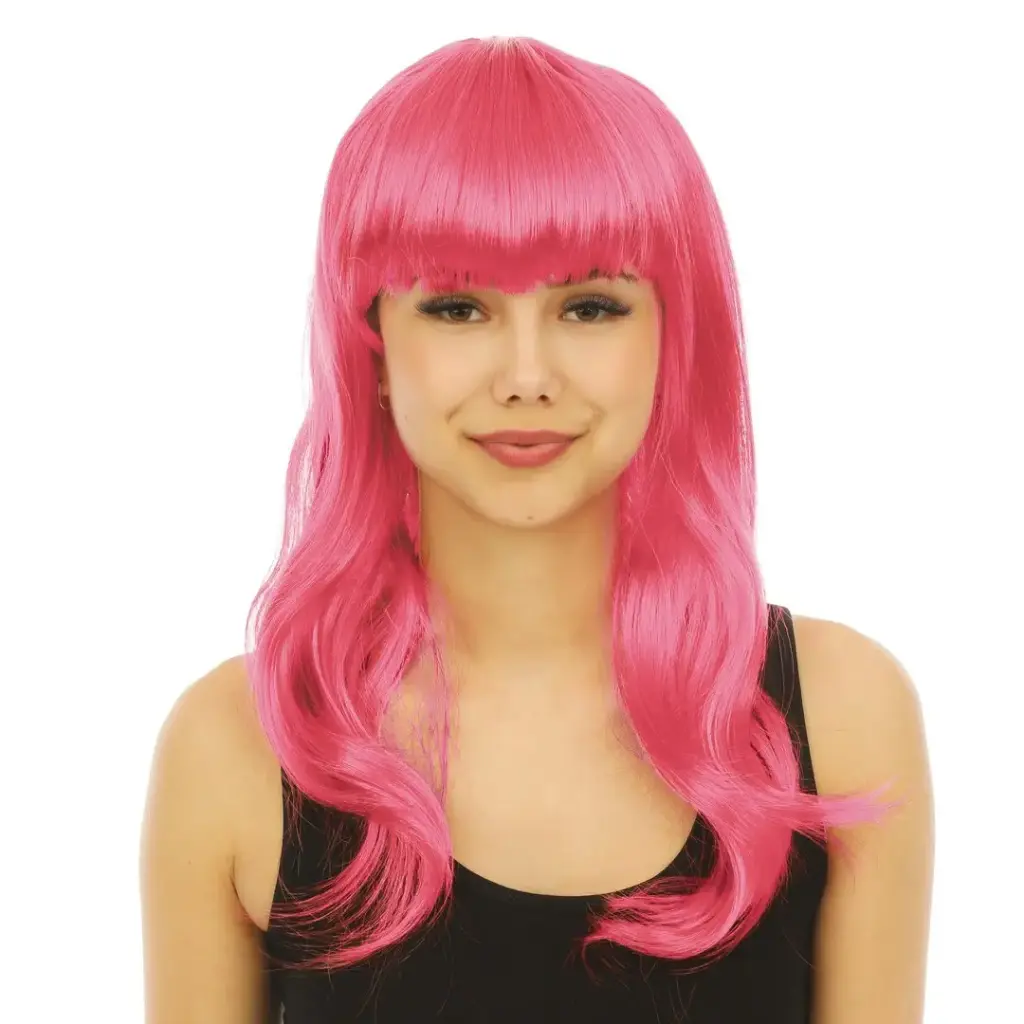 Perruque longue raide avec frange - rose