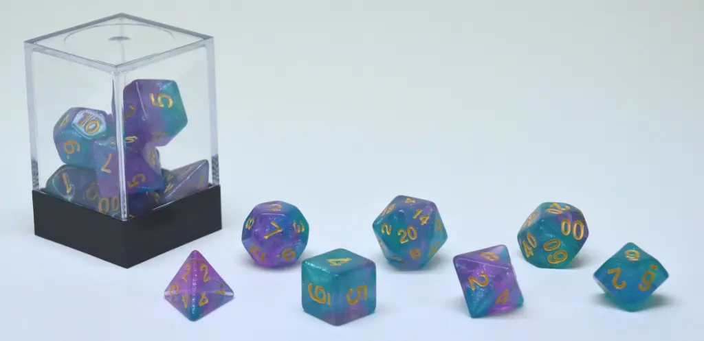 Set de 7 dés aqua/mauve