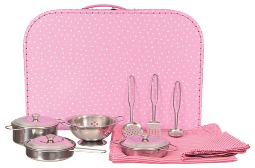 [Egmont Toys-540029] set de casseroles et passoire en metal dans une valise rose