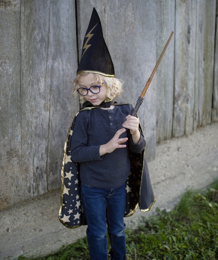 [Great Pretenders-61193] deguisement - cape de magicien noir etoiles reversible avec chapeau