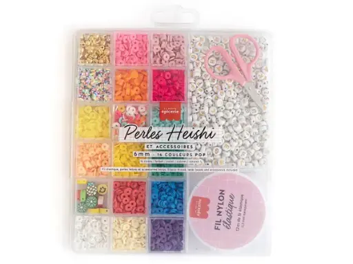 [lpe - 179000] Maxi boite - Perles heishi POP (16 couleurs, accessoires, perles lettres, ciseaux et fil élastique)